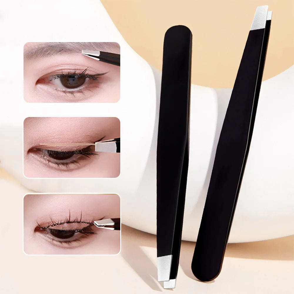 GECOMO Stainless Steel Black Eyebrow Tweezer with Slant and Flat Point Beauty Tools for Eyebrows & Ingrown Hair Removal Qme