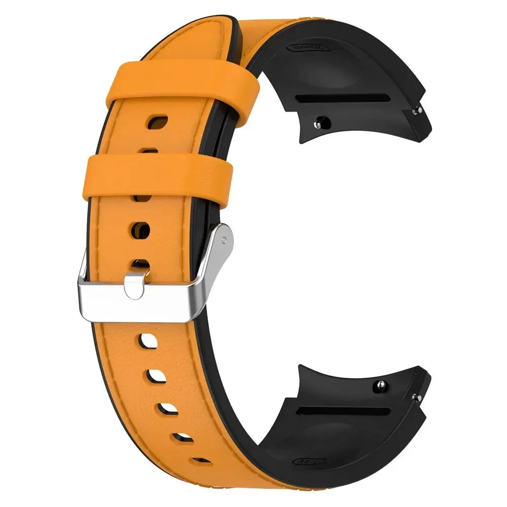 Silicone+Leather Strap For Samsung Galaxy Watch 7 6 4/5 Pro 40mm 44mm Band 6 4 Classic 47 43mm 46mm Replacement Correa Bracelet Qme Yellow Silver Galaxy Watch 4 40mm