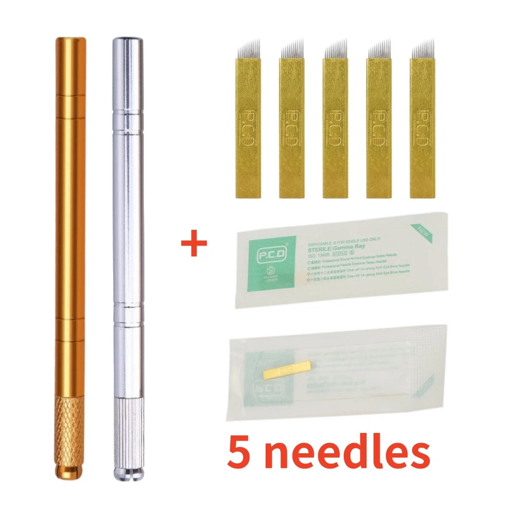 Golden Tebori 3D Microblading Tattoo Pen Needles Permanent Makeup Manual Professional Eyebrow Microblading Tattoo Set Tool Qme Two Pen 5 Needles