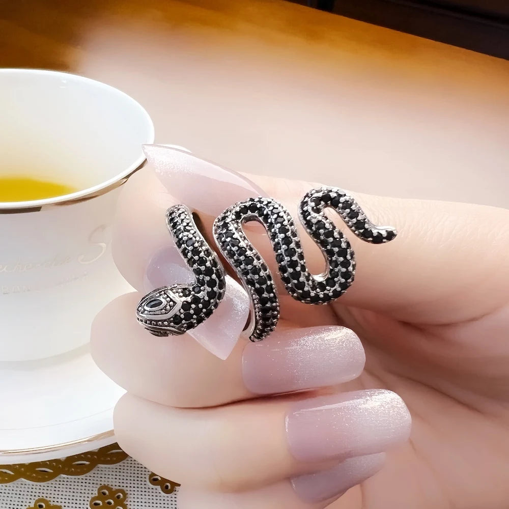 Open-end Black Snake Pave Ring,Europe Style Glam Fine Jewerly For Women Gift In 925 Sterling Silver Qme