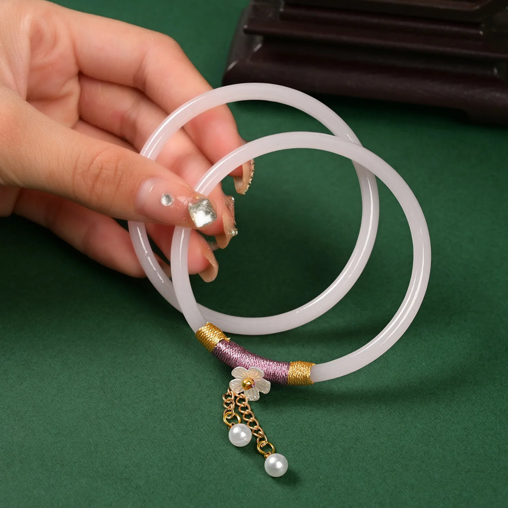 2Pcs/Set Natural Jade Jingle Bangles Retro Simple Fairy Flower Glass Bracelet Femme Fashion Women's Casual China Jewelry Gifts Qme