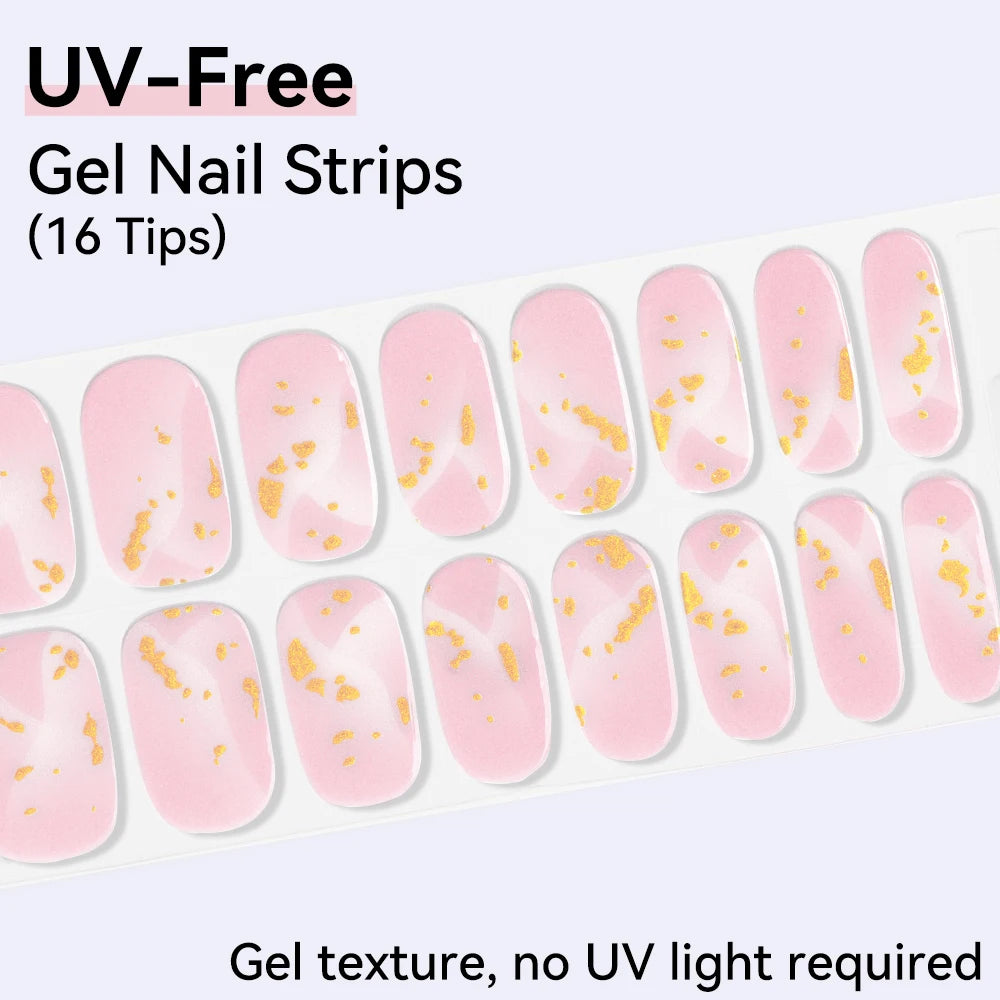 16Tips Pink Red French UV-Free Gel Nail Stickers Sparkly Shinning