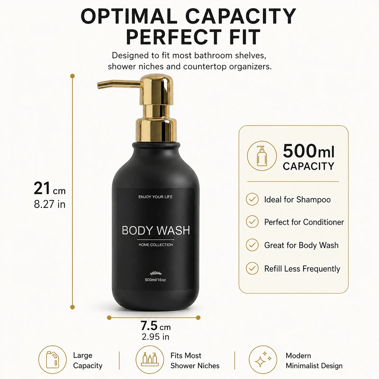 Matte Black Shower Dispenser Bottles Plastic Shampoo Conditioner Body Wash Pump Bottles with Gold for Bathroom Vanity Shower Qme