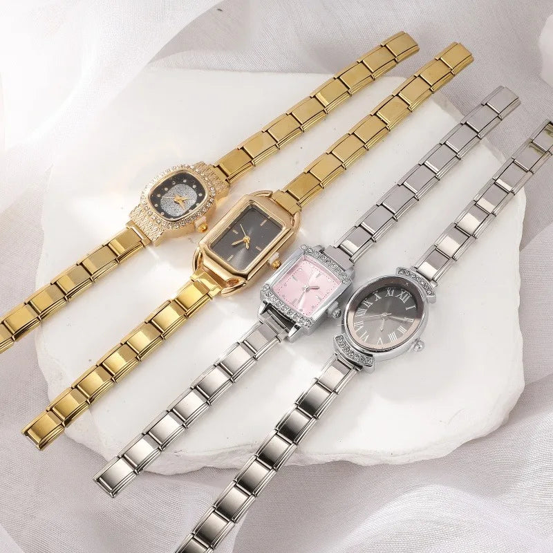 Women Men's DIY 9mm Width Italian Charm Golden Stainless Steel Square Zircon Watch Bracelet Head Unique Bangles Gift Wholesale Qme