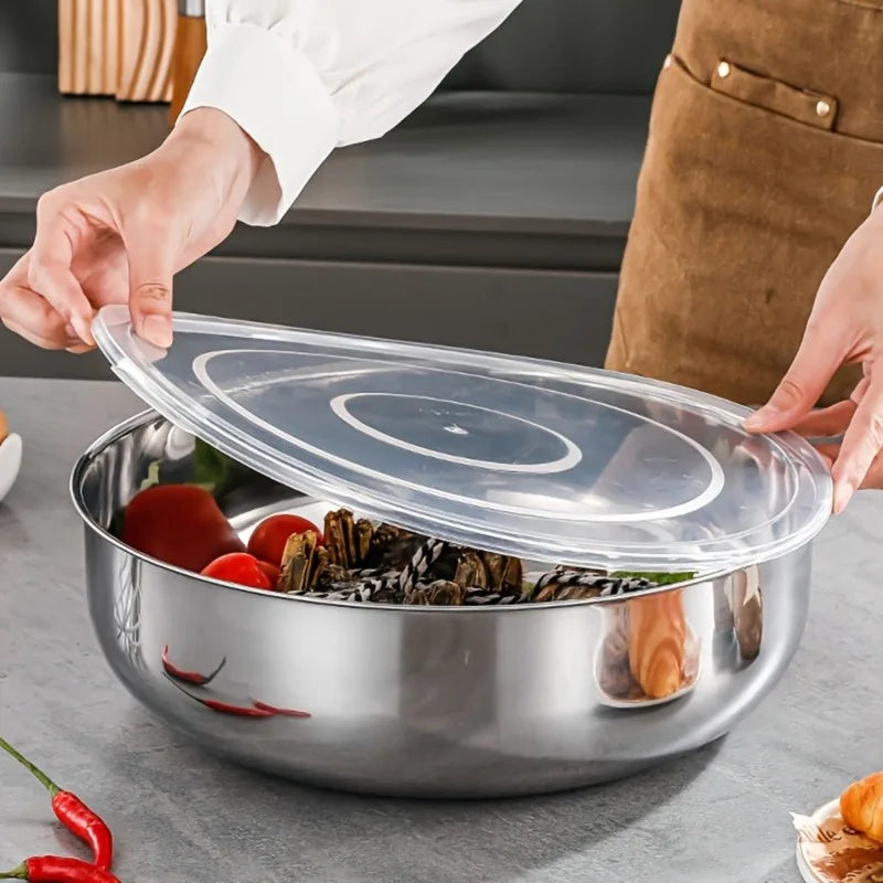 1pc- Rust-Resistant Stainless Steel Large Mixing Bowl with Lid | Deep & Wide, Ideal for Dough Kneading, Vegetable Washing Qme