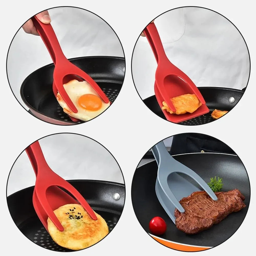 2-in-1 Silicone Egg Flipper Tongs Non-stick Spatula Fish French Toast Qme