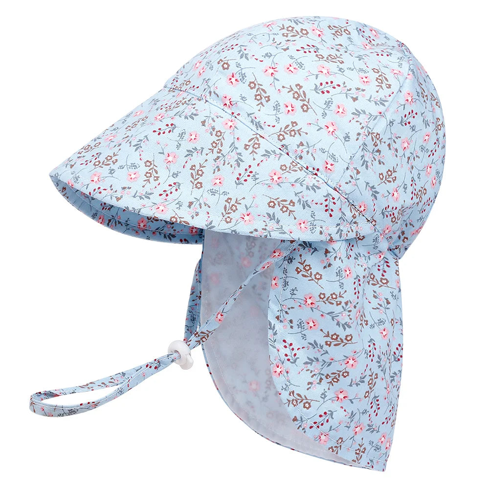 Cute Kids Sun Hat Floral Print Wide Brim Hat with Windproof Rope Summer Beach Hat for Boys Girls Vacation Outdoor Qme Blue