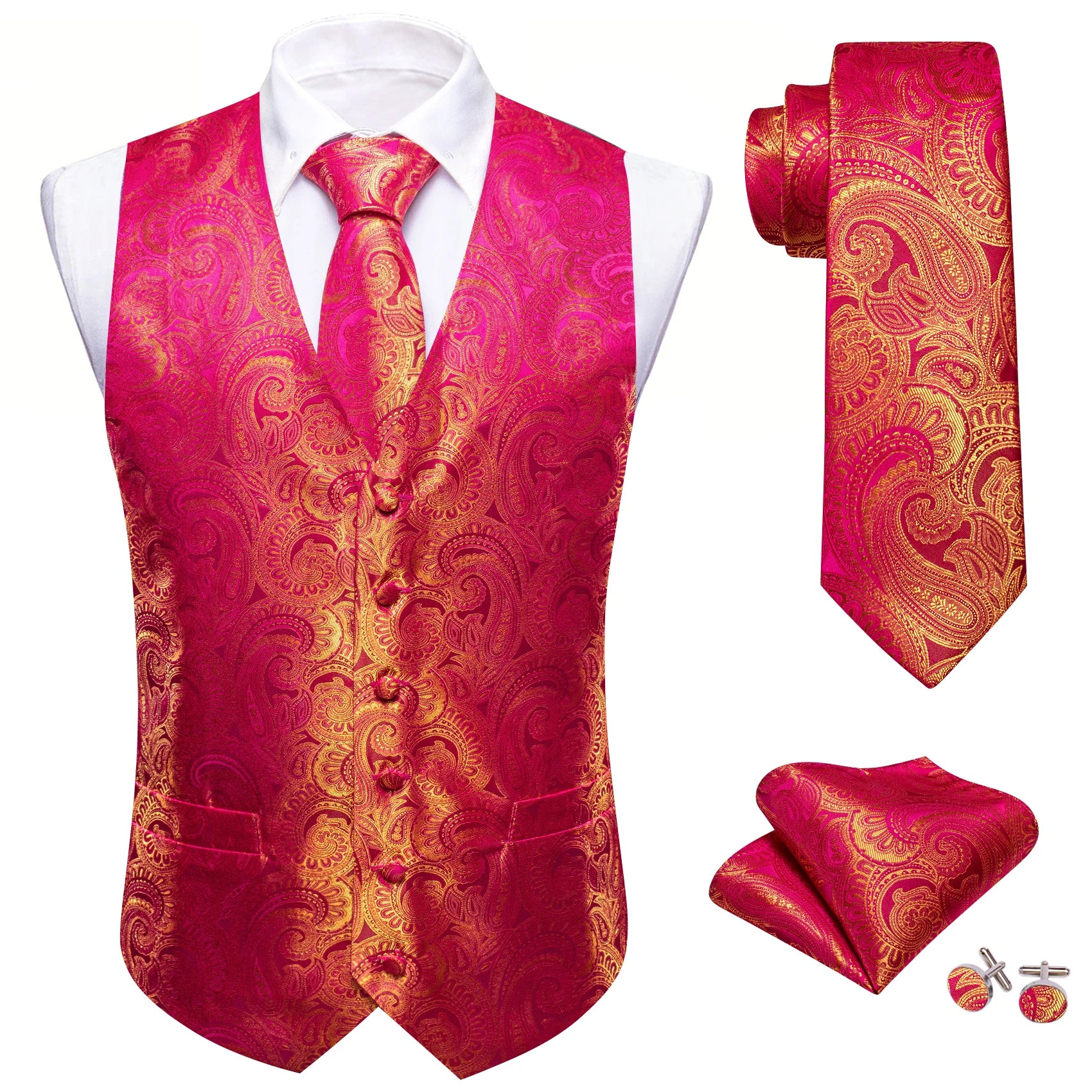 Men's Formal Suit Vest & Tie Set – Paisley/Floral Premium Waistcoat and Necktie Combo for Weddings, Business Festive Occasions Qme MJ-2744 L