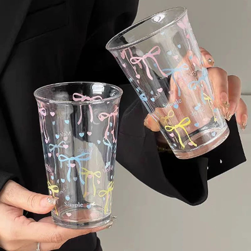 Bow Glass Cute Water Cup Cartoon Striped Doodle Coffee Mug Household Qme