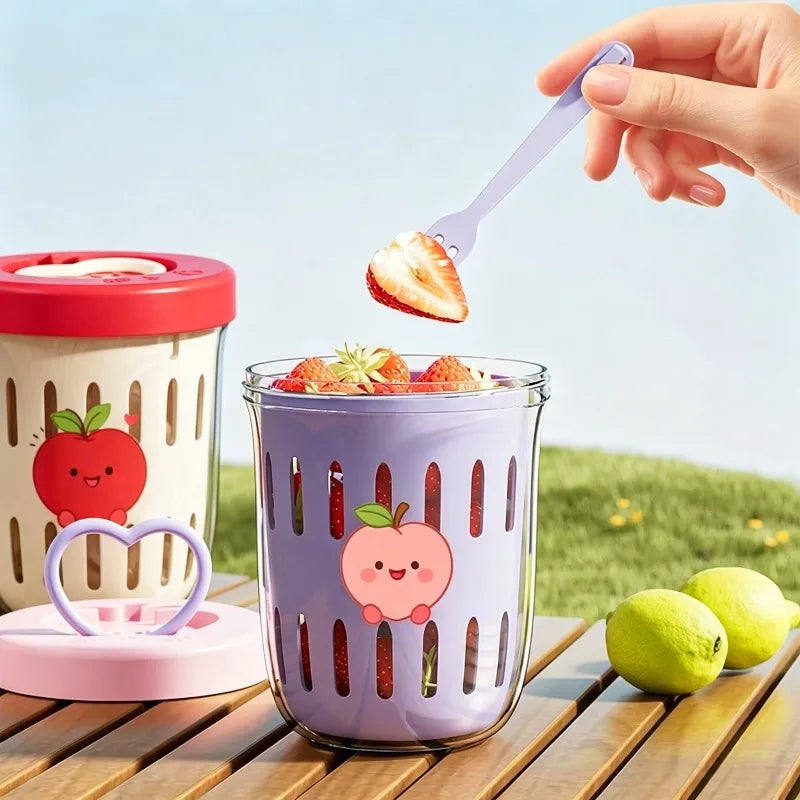 Double-walled Salad Cup with Fork Handle Draining Fruit Cup Portable Leak-proof Oatmeal Container Fresh Food Storage Container Qme