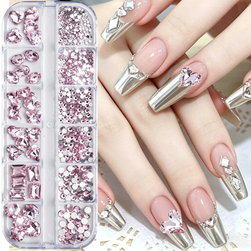12grids Shiny Clear Crystal Gems Nail Rhinestones Mixed Round Glass Stone Flatback Nail Charms Nail Diamond DIY Qme 4687