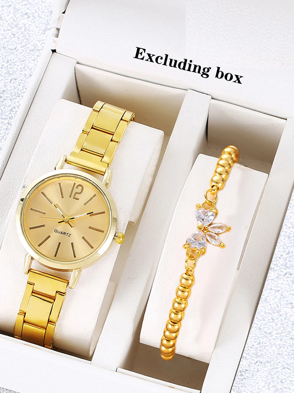 Fashion Gold Bead Chain Butterfly Rhinestone Bracelet Matching Ladies Watch Qme Bronze
