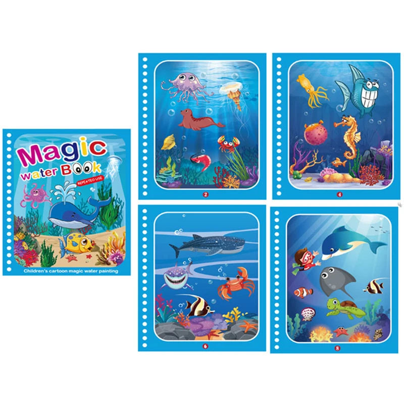 Children Magical Book with Pen Water Drawing Montessori Toys Reusable Coloring Book Magic Water Drawing Book Early Education Toy Qme Sea