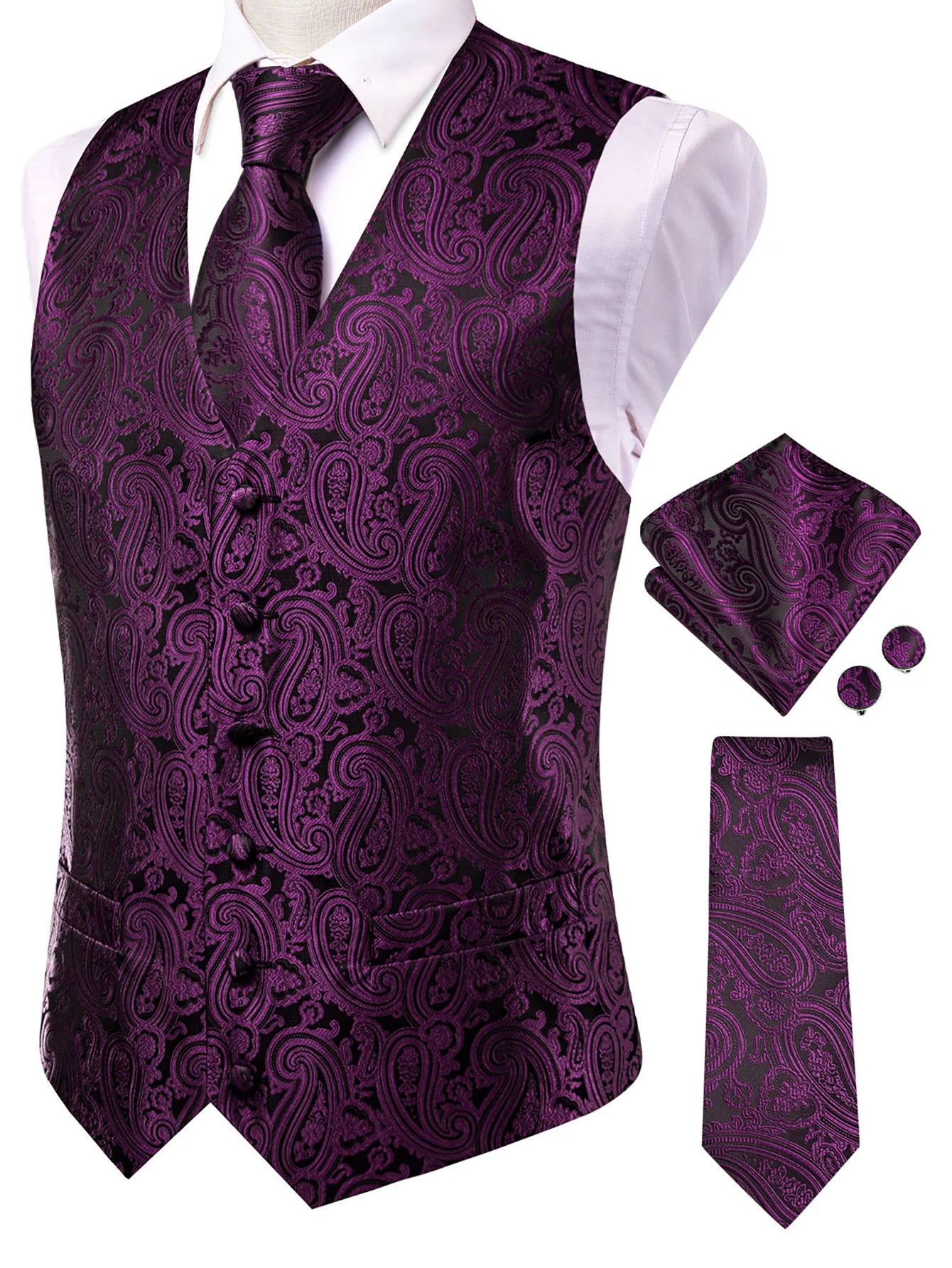 Men's Classic Floral Vest Tie Hanky Cufflinks Waistcoat Weddings Qme HT-MJ-0196 XXXL