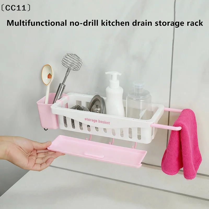 Multifunctional No-drill Scouring Pad Sponge Draining Storage Rack Qme
