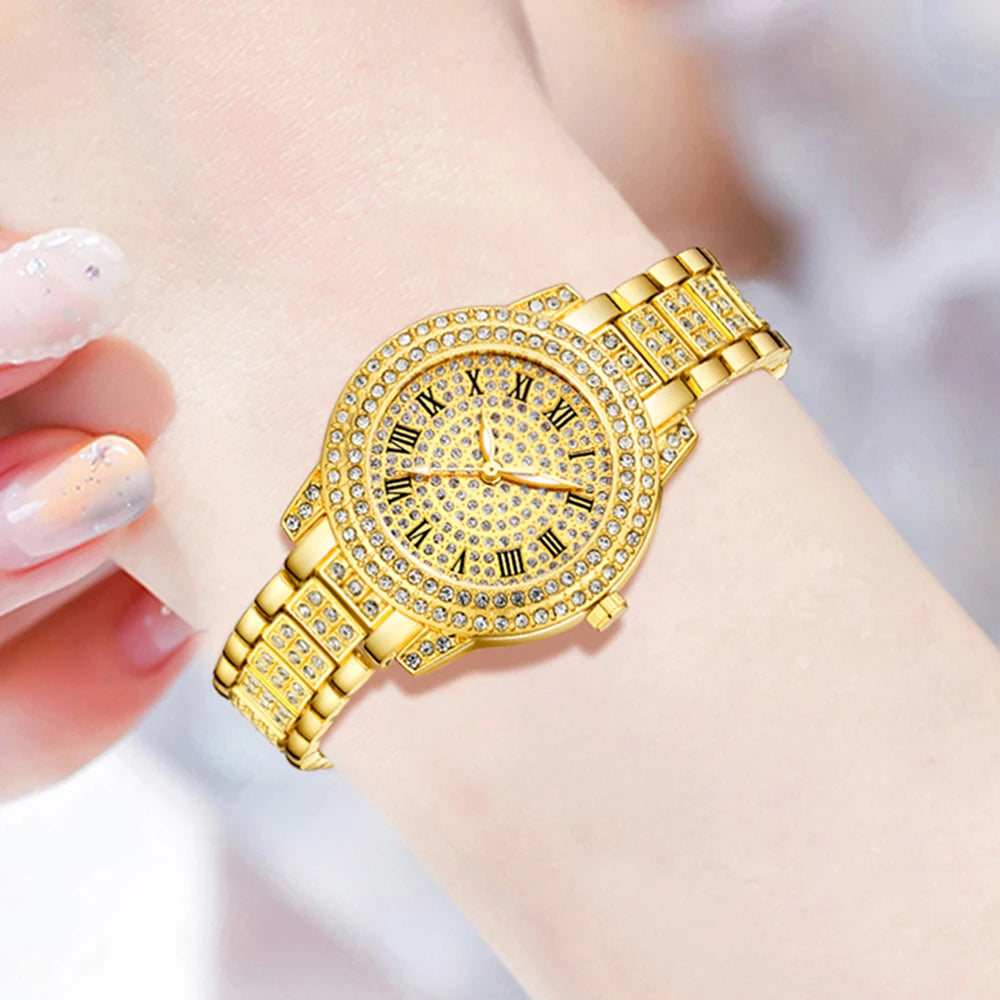 Full Diamond Roman Dial Women's Gold Watch Unlimited Symbol Bracelet Love Bracelet Three Piece Set Accessories Qme