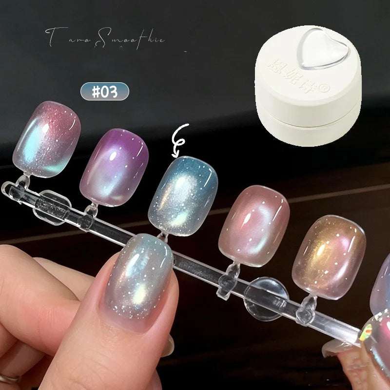 New Cat Eye Nail Gel Polish Set, Taro Purple Milky Shimmer, Magnetic Aurora Glass Bead Effect, Long Lasting Soak Off UV LED Gel Qme 03
