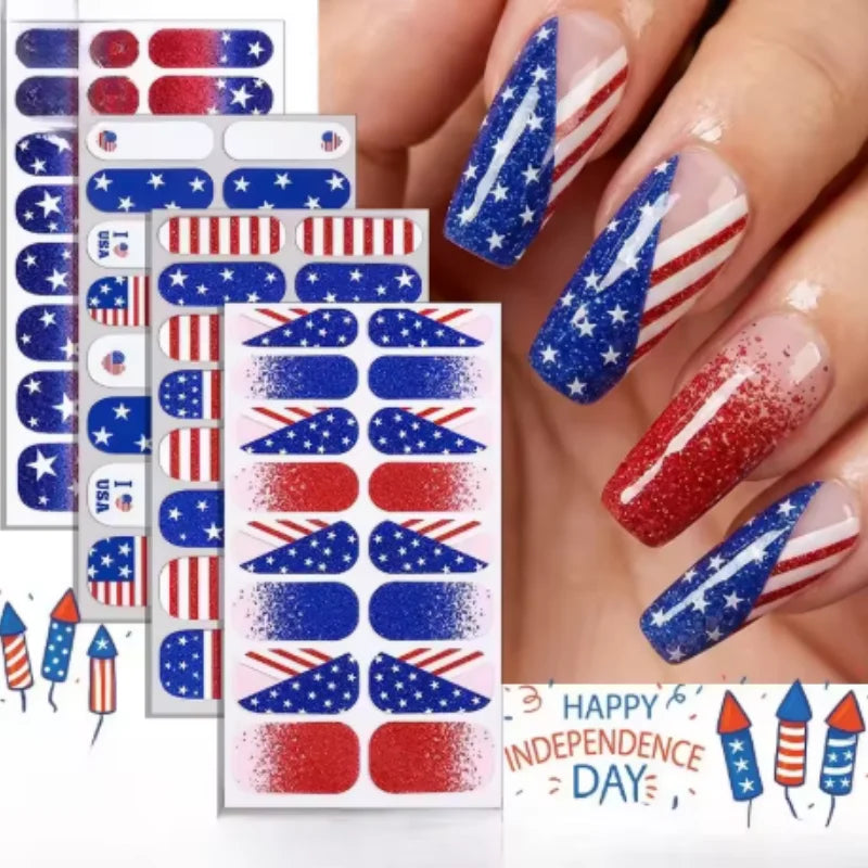 USA Flag Nail Stickers Shiny Star Glitter Design Self-adhesive Nail Decoration Independence Day Festival Nail Art Supplies Qme