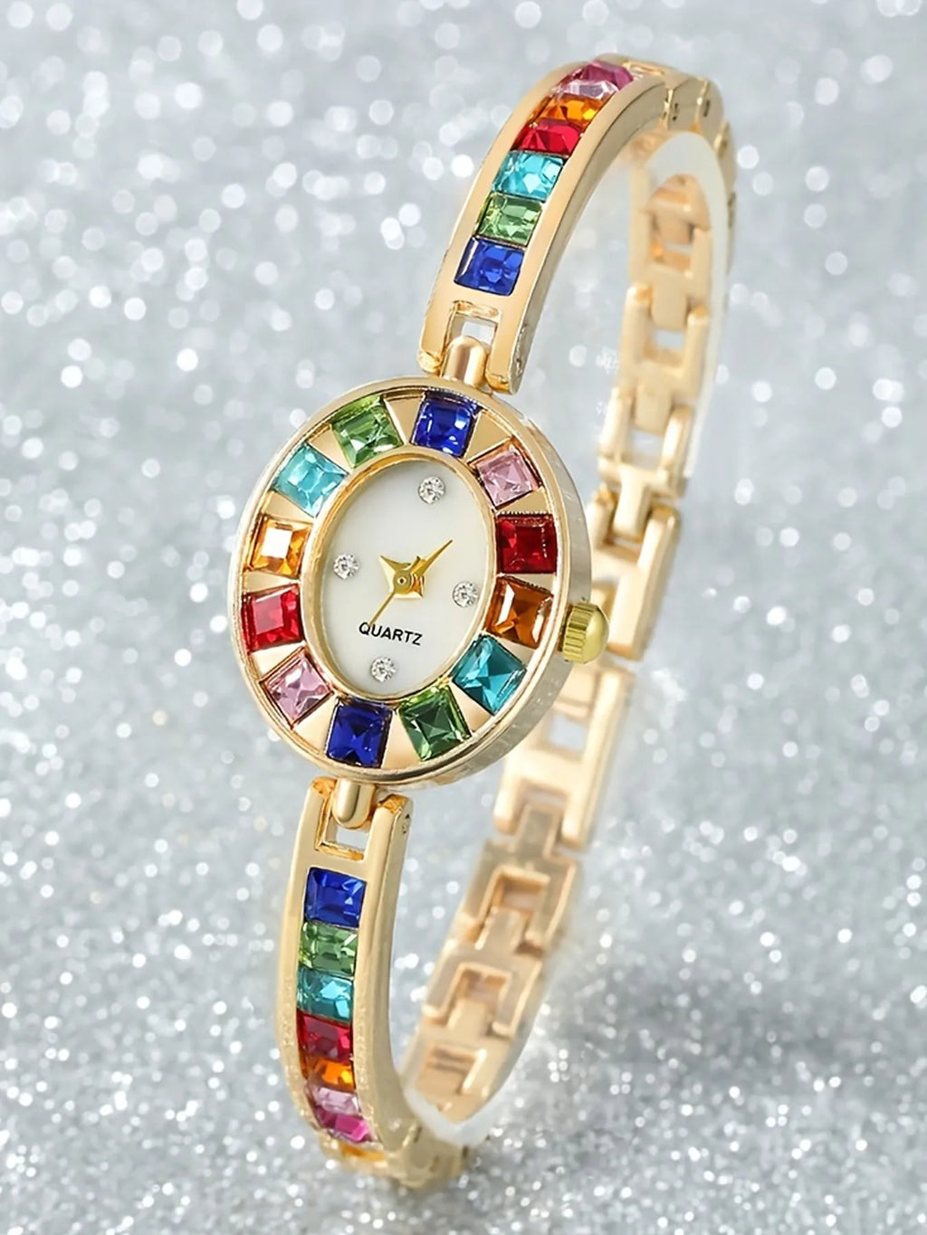 2pcsFashion gradient rainbow luxury women's oval bracelet watch + colorful peacock with sparkling crystals and phoenix bracelet Qme