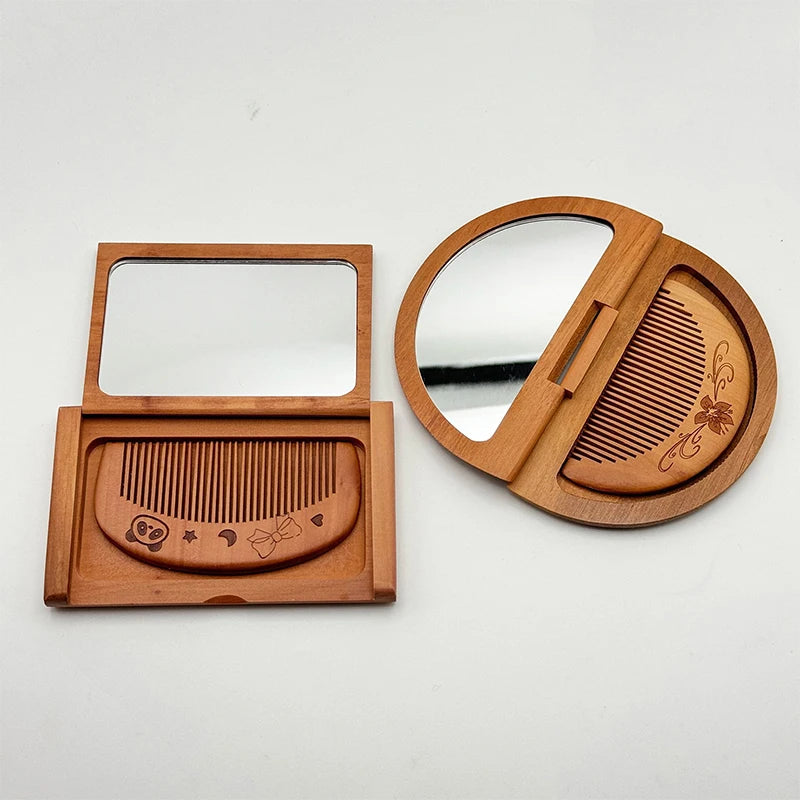 Girl Lady Durable 1 Wooden Comb Mirror Mini Vintage Makeup Peachwood Qme