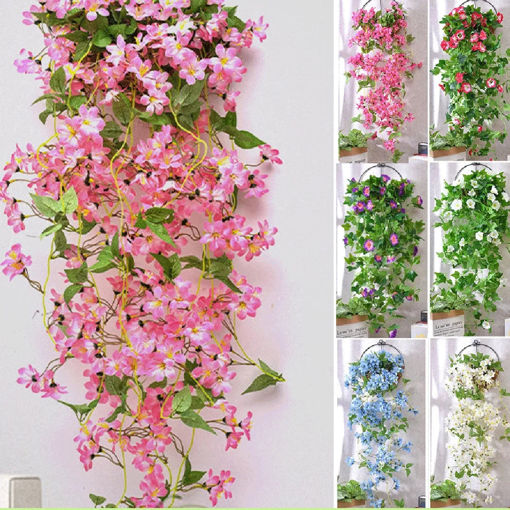 1PCS Hanging Artificial Fake Hanging Silk Flowers Vines Plants Garden Decor Indoor Outdoor Wedding Party Wall Balcony Decor Qme