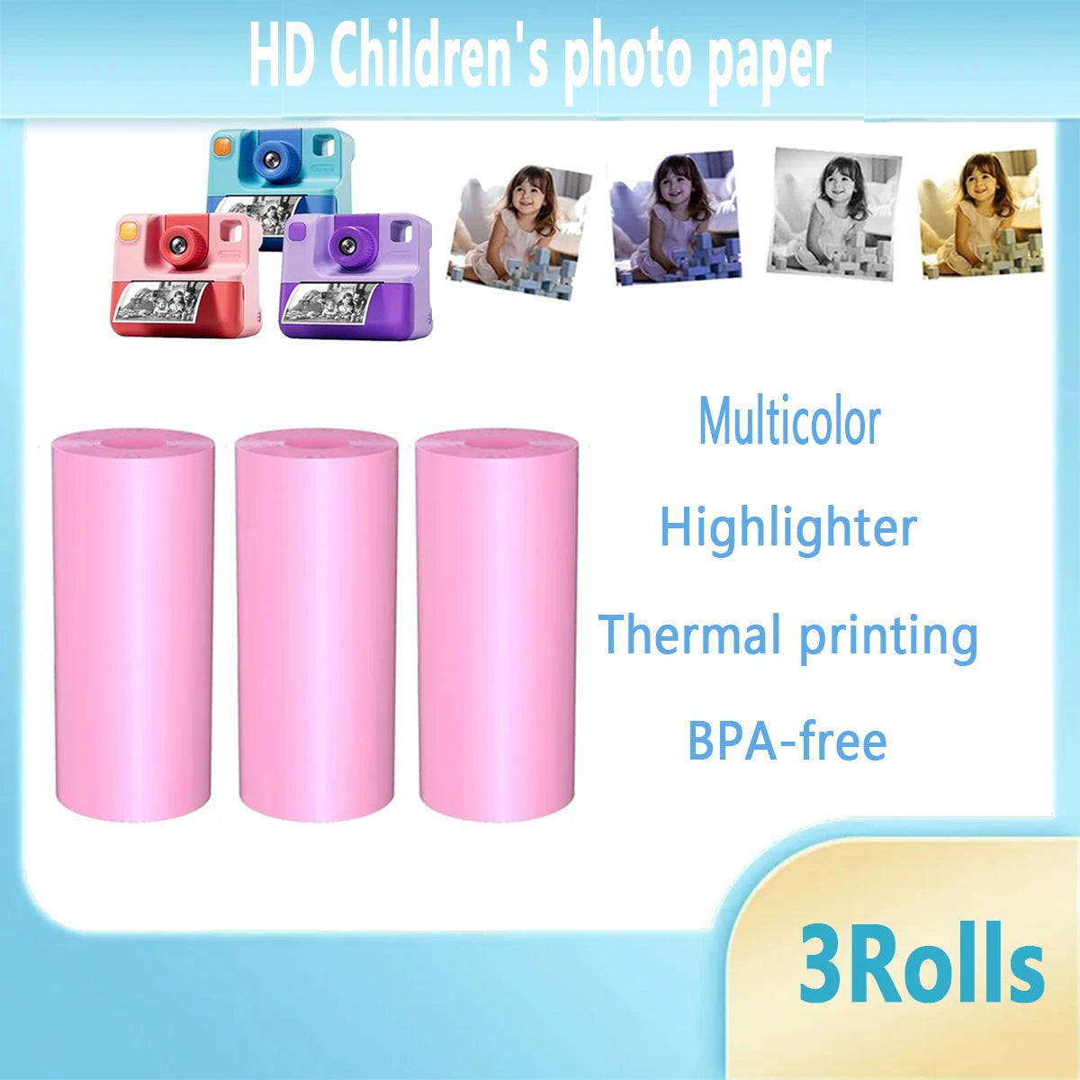 Kids Camera Paper Roll, Kids Instant Refill Paper, 4 Color Portable Thermal Printing Camera Photo Paper Rolls 57*25mm Qme M-pink57-25-3