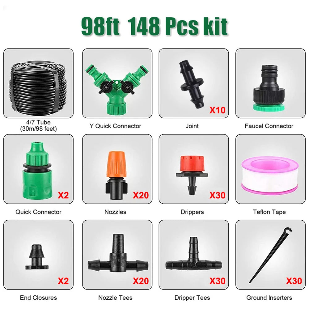 148pcs/set Automatic Watering Drip Irrigation Sprinkler Kit For Garden And Yard Cooling, Dust Removal And Irrigation System Qme 30M