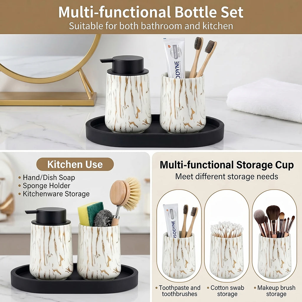 3pcs/set Marble Bathroom Set with Silicone Tray Foaming Hand Dispenser Toothbrush Holder Set Vanity Organizer for Bathroom Kitch Qme