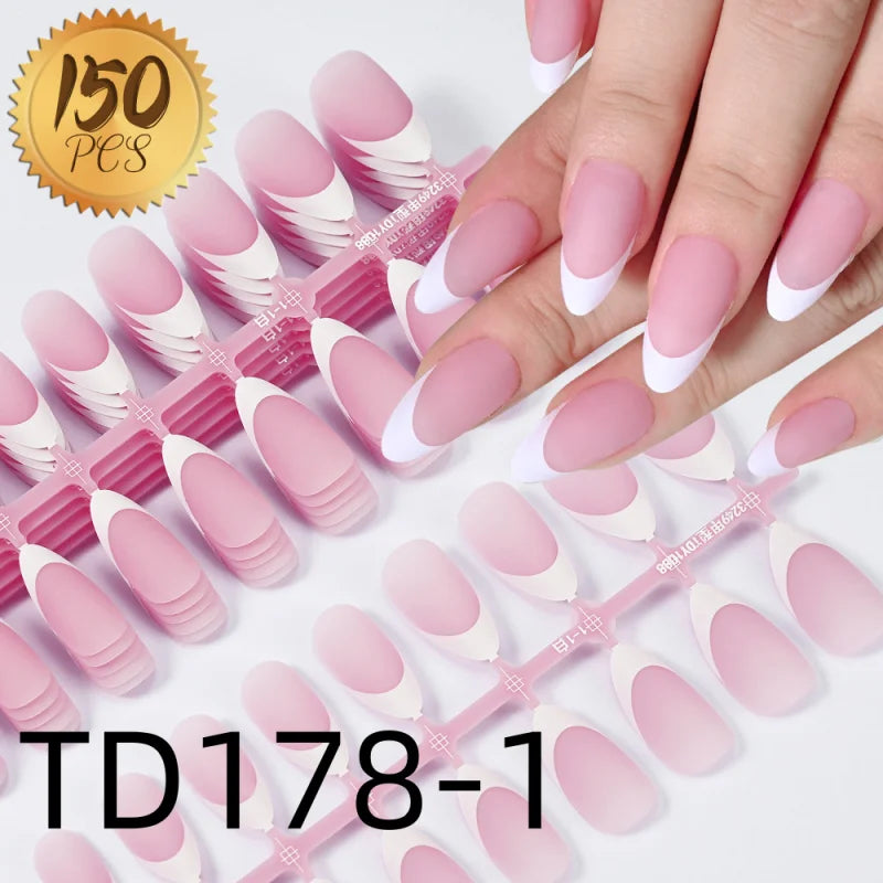 150pcs French White Edge Wearing Nail Pink Fake Nail Piece Full Sticker Matte Manicure Ultra thin White Qme TD178-1