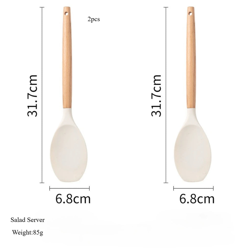 2/12Pcs White Silicone Kitchen Utensils Set with Wooden Handle,Cookware Spatula, Heat Resistant Non-stick Kitchen Cooking Tools Qme Salad Server-2pcs