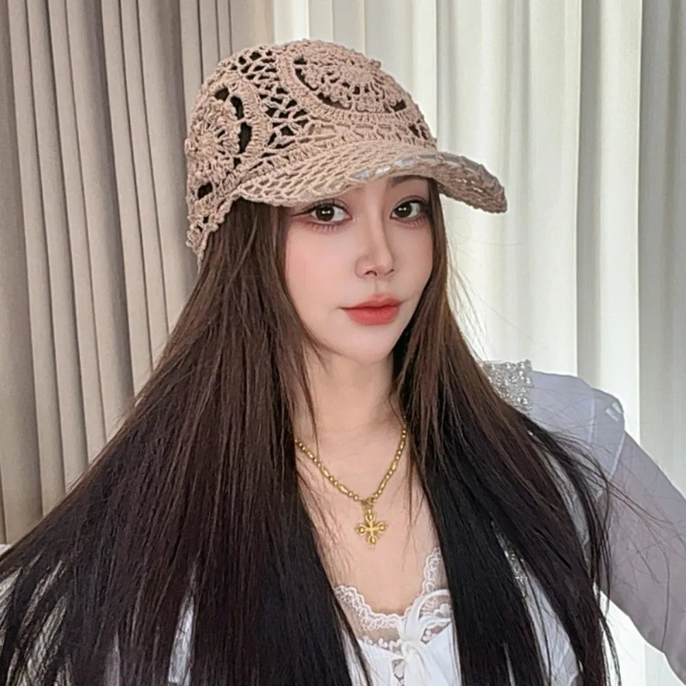 Versatile Adjustable Crochet Baseball Cap Floral Lace Openwork Sun Qme