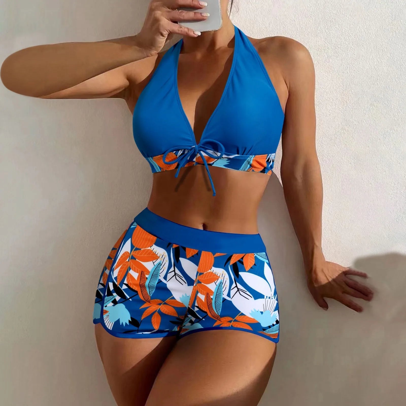 Women's Paneled Printed Swimsuit Ladies Fashion Sexy Split Boxer High Waist Swimsuit Two-Piece Set V-Neck Bathing Suits Female Qme