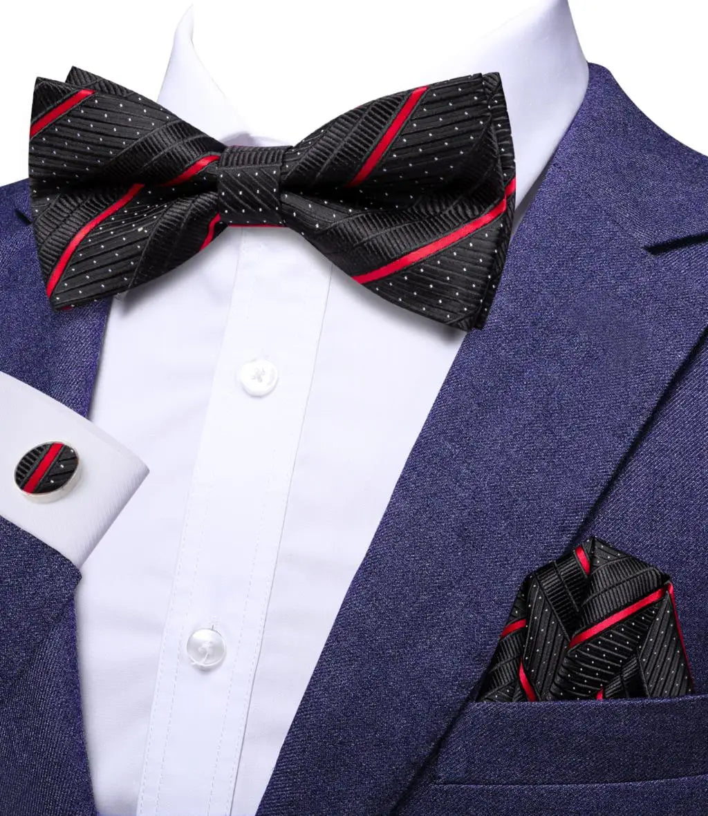 Hi-Tie Striped Black Red Mens Bow Tie Hankerchief Cufflink Pre-tied Silk Butterfly Knot Bowtie for Male Business Party Wholesale Qme