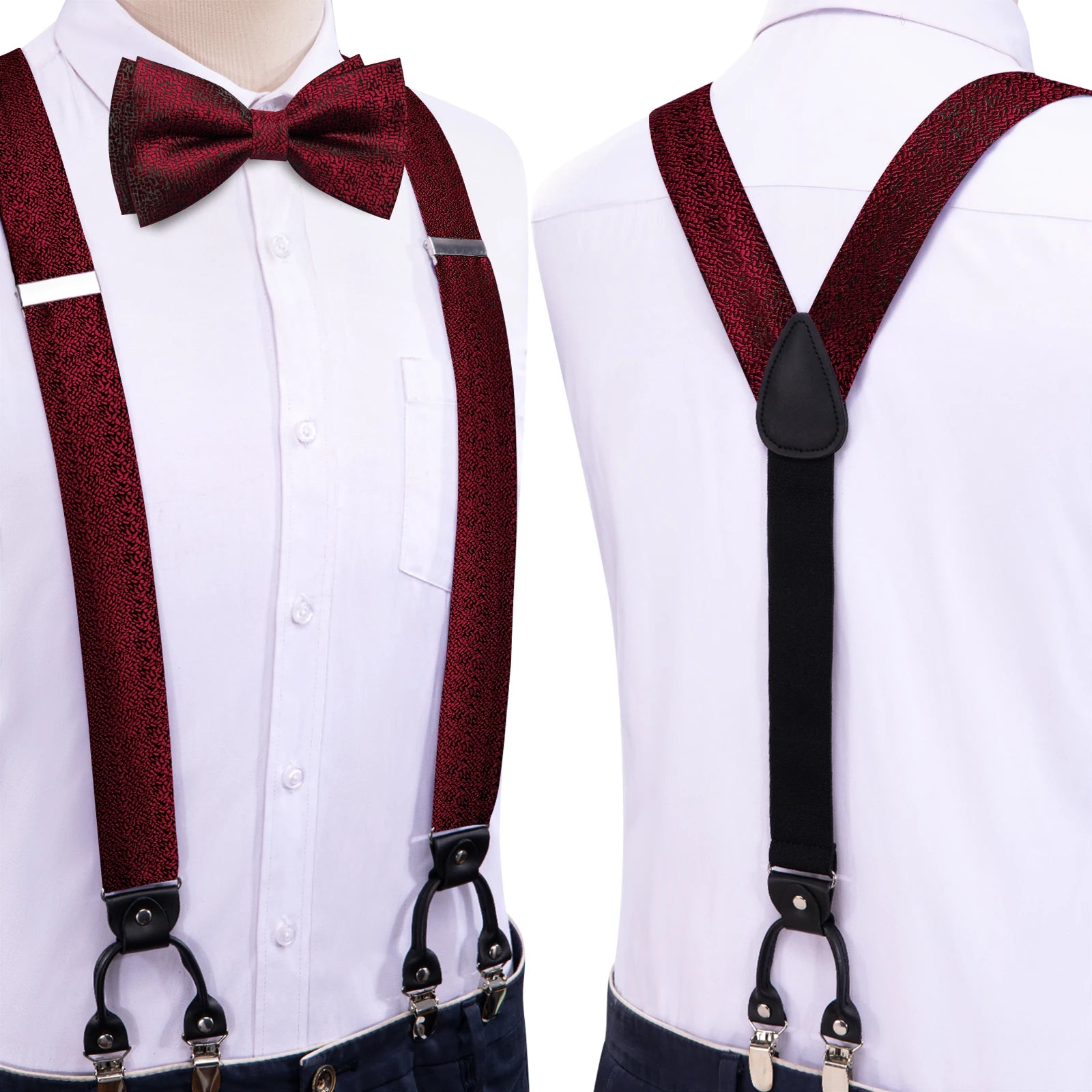 Hi-tie Silk Mens Braces Bowtie Hanky Cufflinks Y Back Clip Adjustable Qme BD-3192