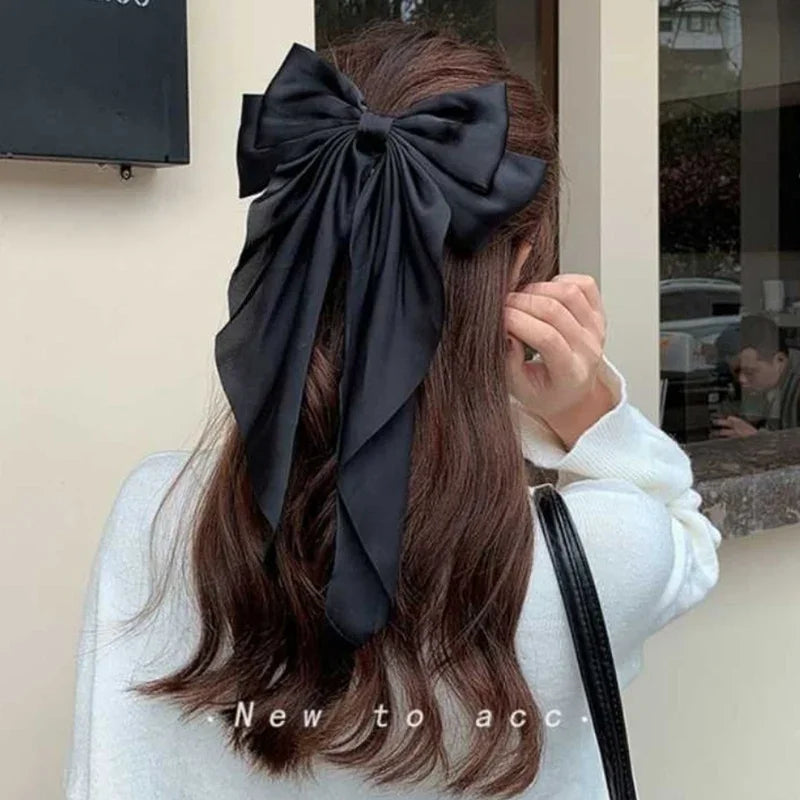 Elegant Women Bow Ribbon Hair Clip Fashion Simple Solid Satin Spring Qme black