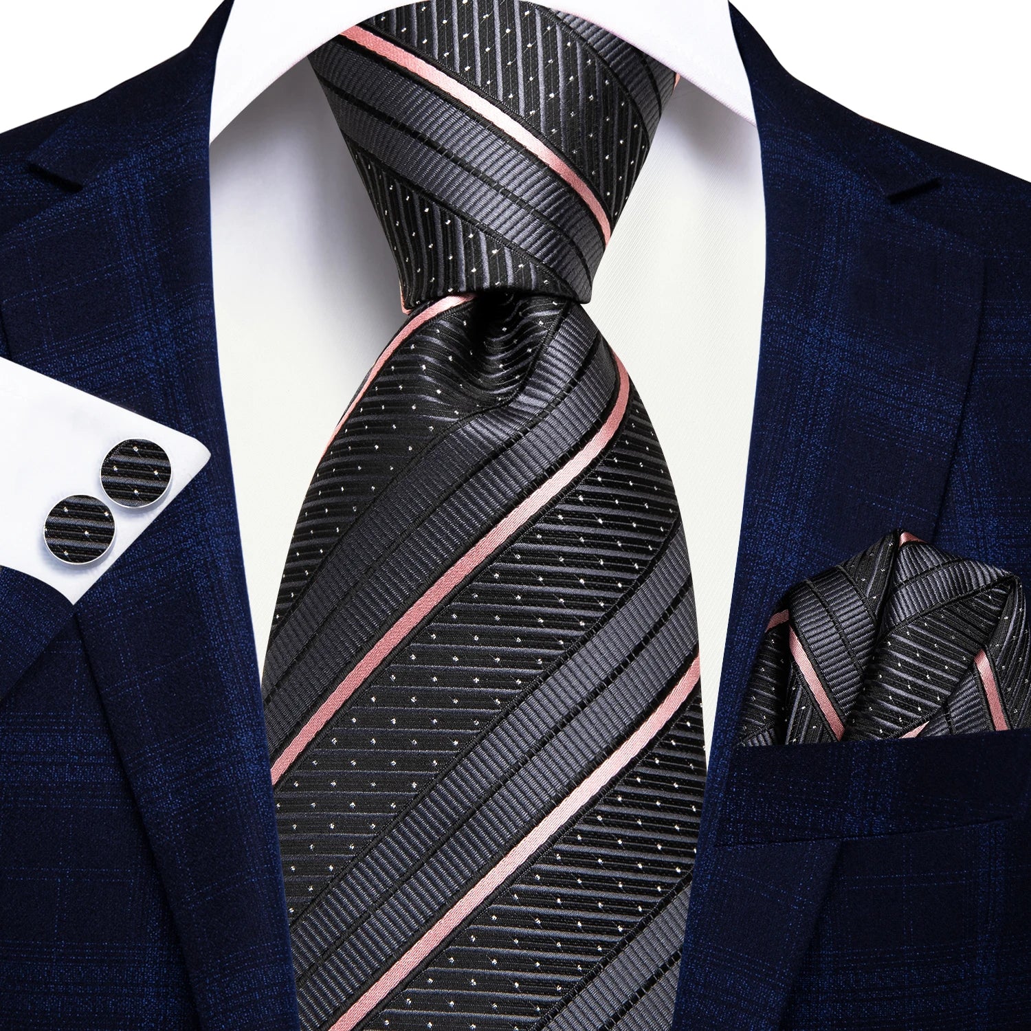 Hi-Tie Striped Light Blue Yellow Pink Men Elegant Necktie Hanky Cufflinks for Tuxedo Fashion Classic Silk Luxury Tie for Man Qme N-3417