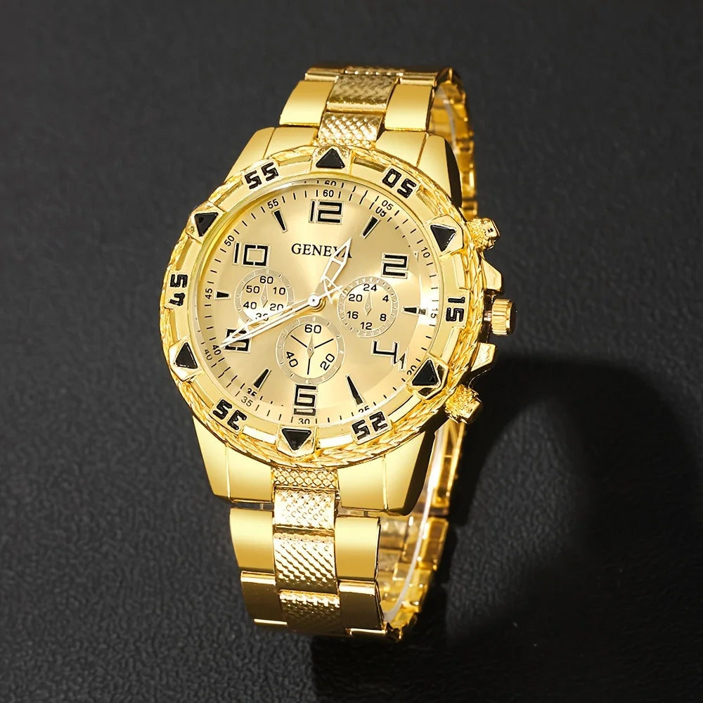 6pcs men's Geneva quartz watch set - elegant round dial, stainless steel strap, zinc alloy case, quartz watch Qme