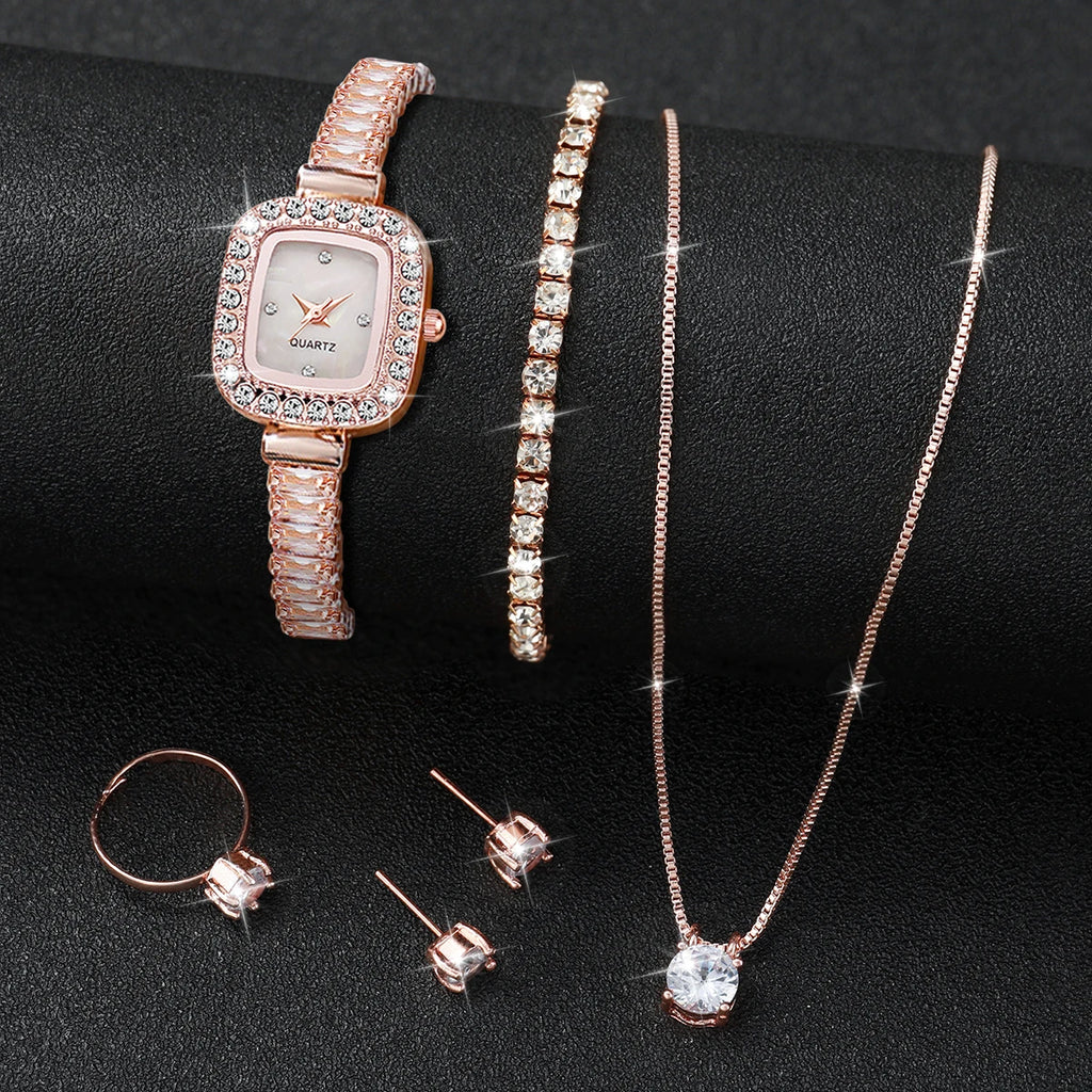 6 pieces/set of fashionable crystal watches for women with small square dials, quartz watches for women, jewelry set for women Qme Rose