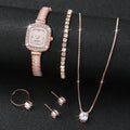 6 pieces/set of fashionable crystal watches for women with small square dials, quartz watches for women, jewelry set for women Qme Rose
