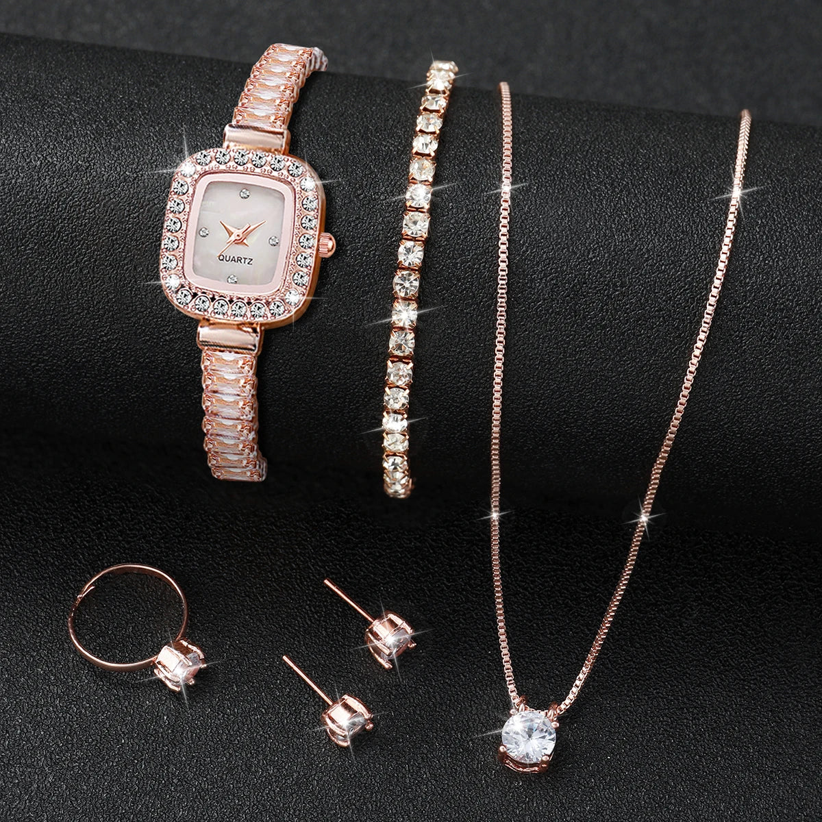 6 pieces/set of fashionable crystal watches for women with small square dials, quartz watches for women, jewelry set for women Qme Rose