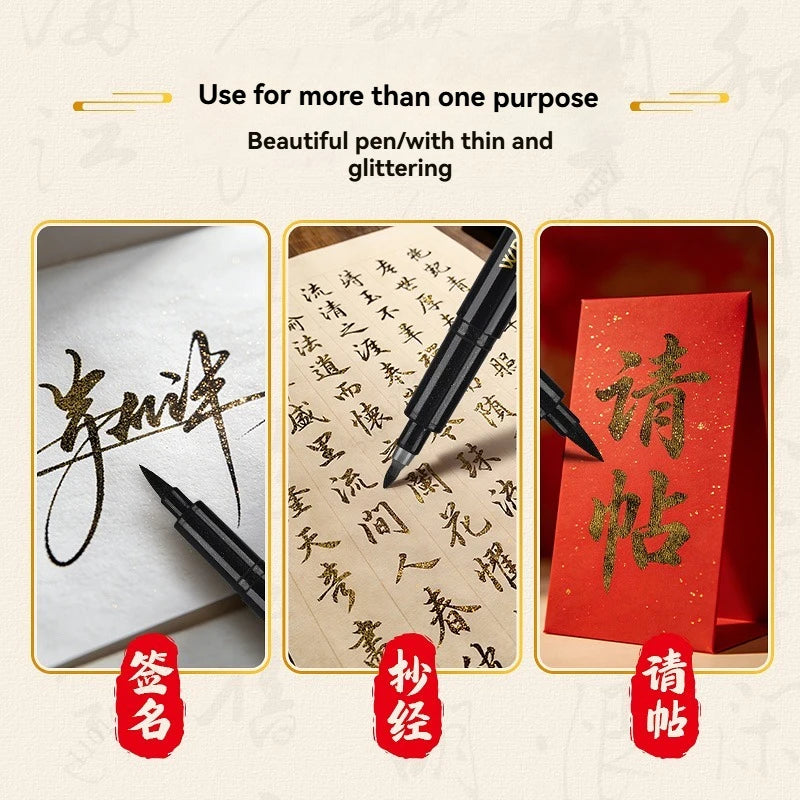 3 Pcs/Set Glitter Chinese Calligraphy Brushes - Black Ink 3 Sizes For Calligraphy Hand Lettering Illustration Qme