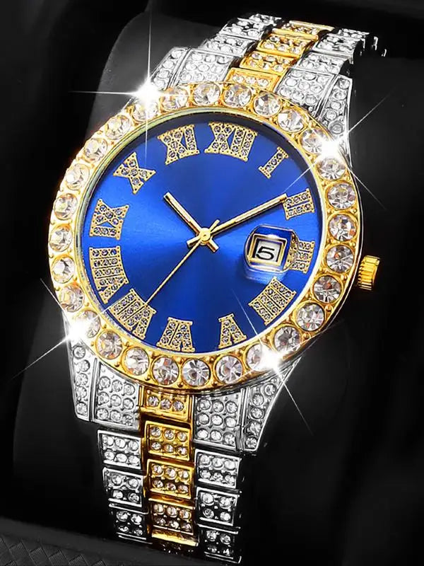 Stainless Steel Watch Set with Roman Numerals, Cuban Link Bracelet & Cross Pendant Necklace, Unisex Casual Quartz Wristwatch Gif Qme