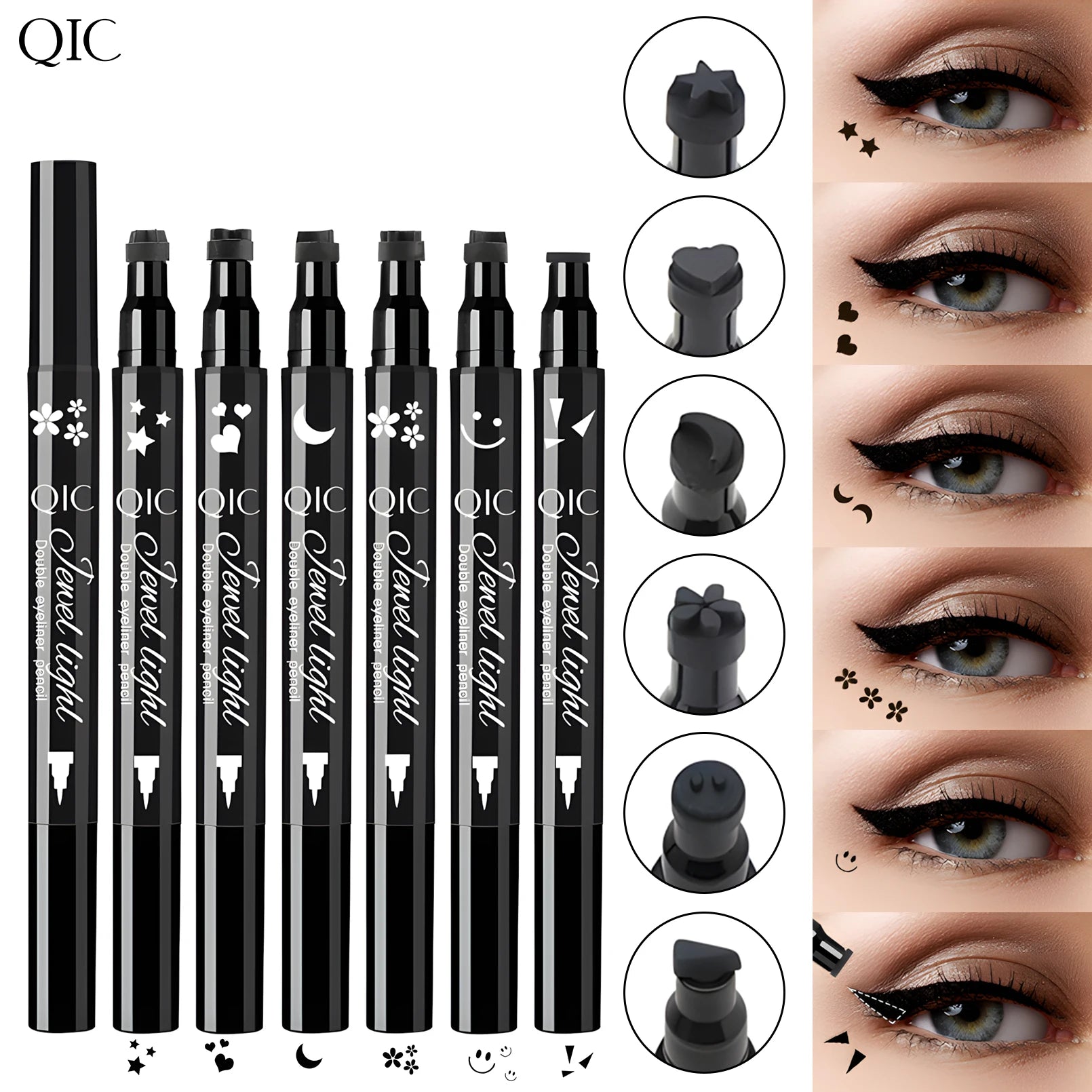1pcs Liquid Eyeliner Pen Set Dual-Tip Stamps with Black Ink - Includes Heart, Moon, Star Shapes for Eye Makeup, Eyeliner Stamp Qme