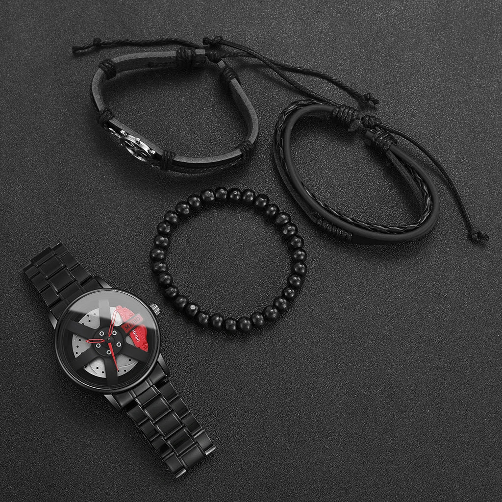 4pcs/set luxury men's watches fashion 3d wheel car male sports watch stainless steel quartz watch for men's bracelets Qme