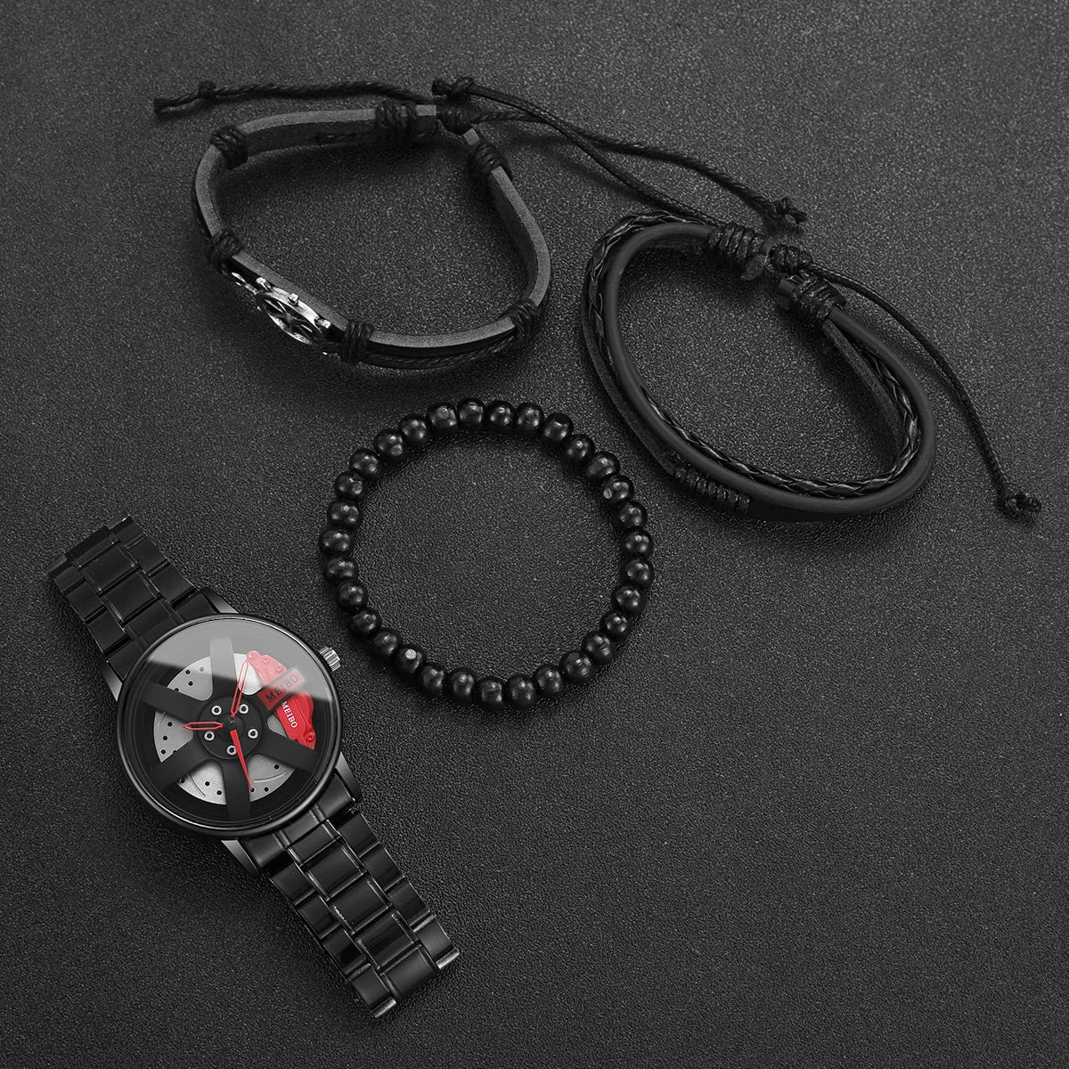 4pcs/set luxury men's watches fashion 3d wheel car male sports watch stainless steel quartz watch for men's bracelets Qme