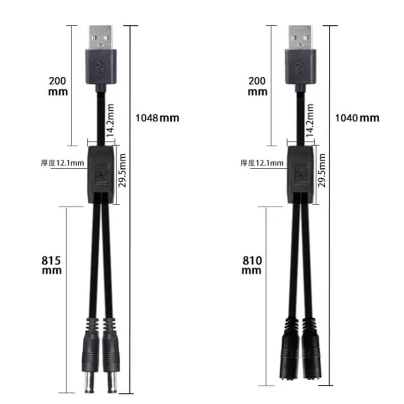 2PCS USB to DC5521 1 to 2 Power Cable Male to DC5525 Female Plug 2-Way Power Cord Qme