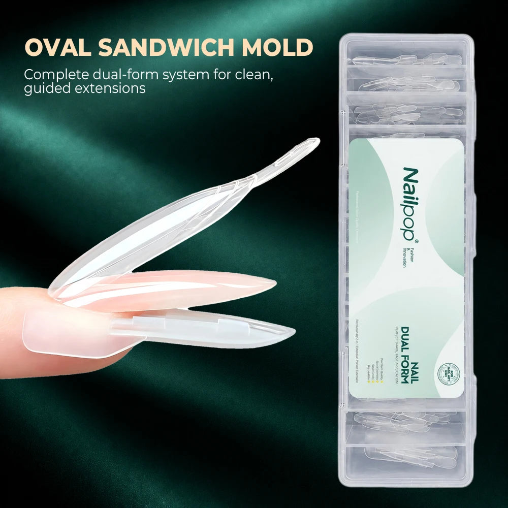 Nailpop Dual Forms Sandwich 15 Shapes Oval Long Clear Nail Molds Qme