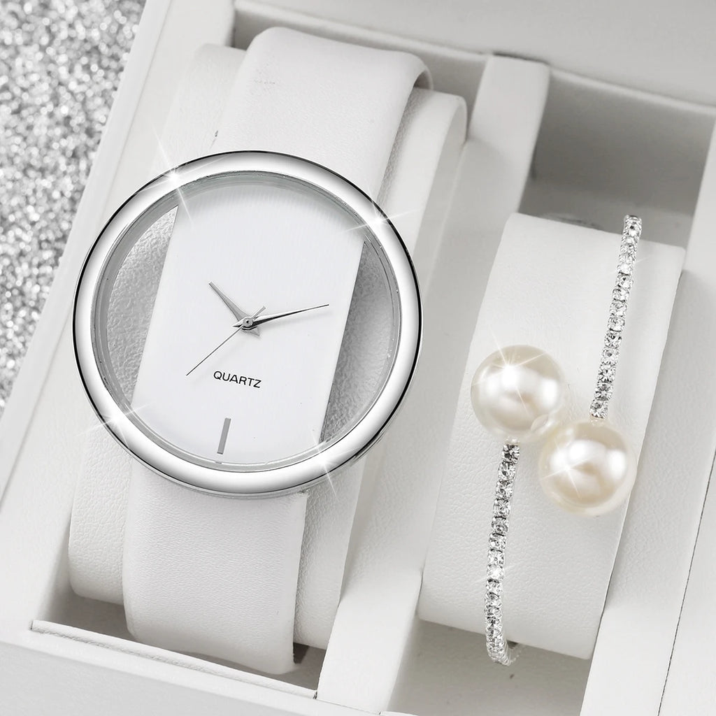 Silver Frame Simple Ladies Watch Set White Leather Strap Matching Double Pearl Crystal Open Bracelet Women Office Jewelry Qme