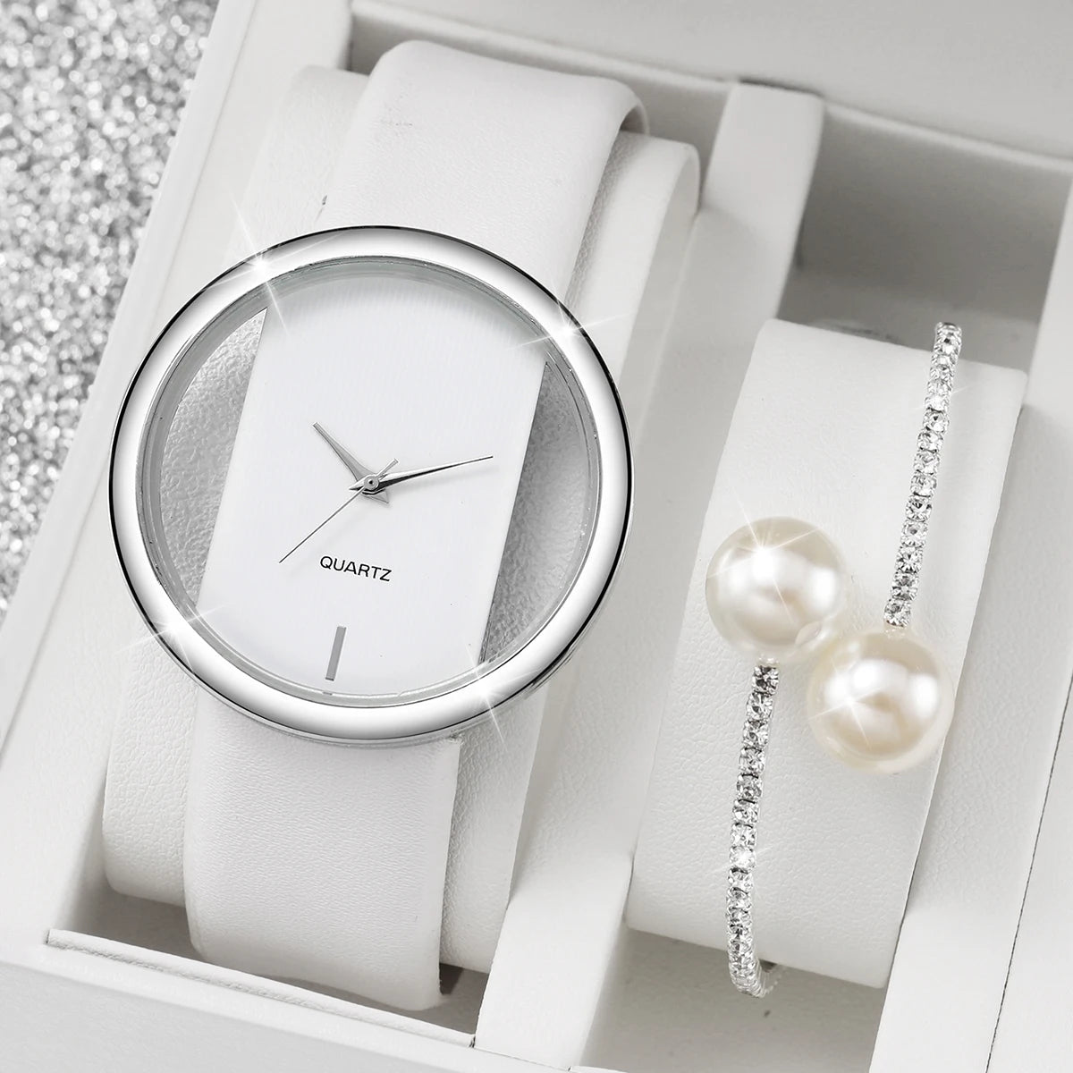 Silver Frame Simple Ladies Watch Set White Leather Strap Matching Double Pearl Crystal Open Bracelet Women Office Jewelry Qme
