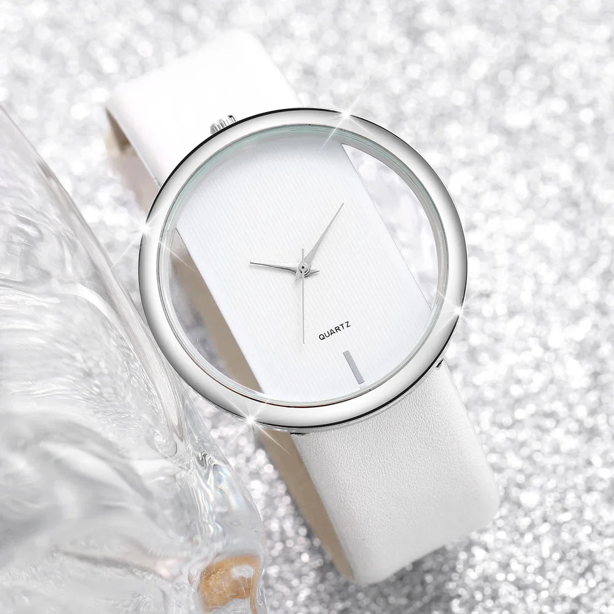 2PCS/Set Women's Watch Pearl Diamond Bracelet Set Fashion Hollow Dial Leather Band Quartz Watches Qme